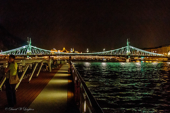 One of the Budapest Bridges lit up at night